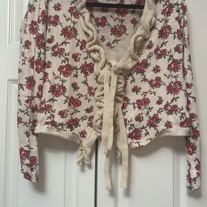 Floral Knit Sweater with Tie Front